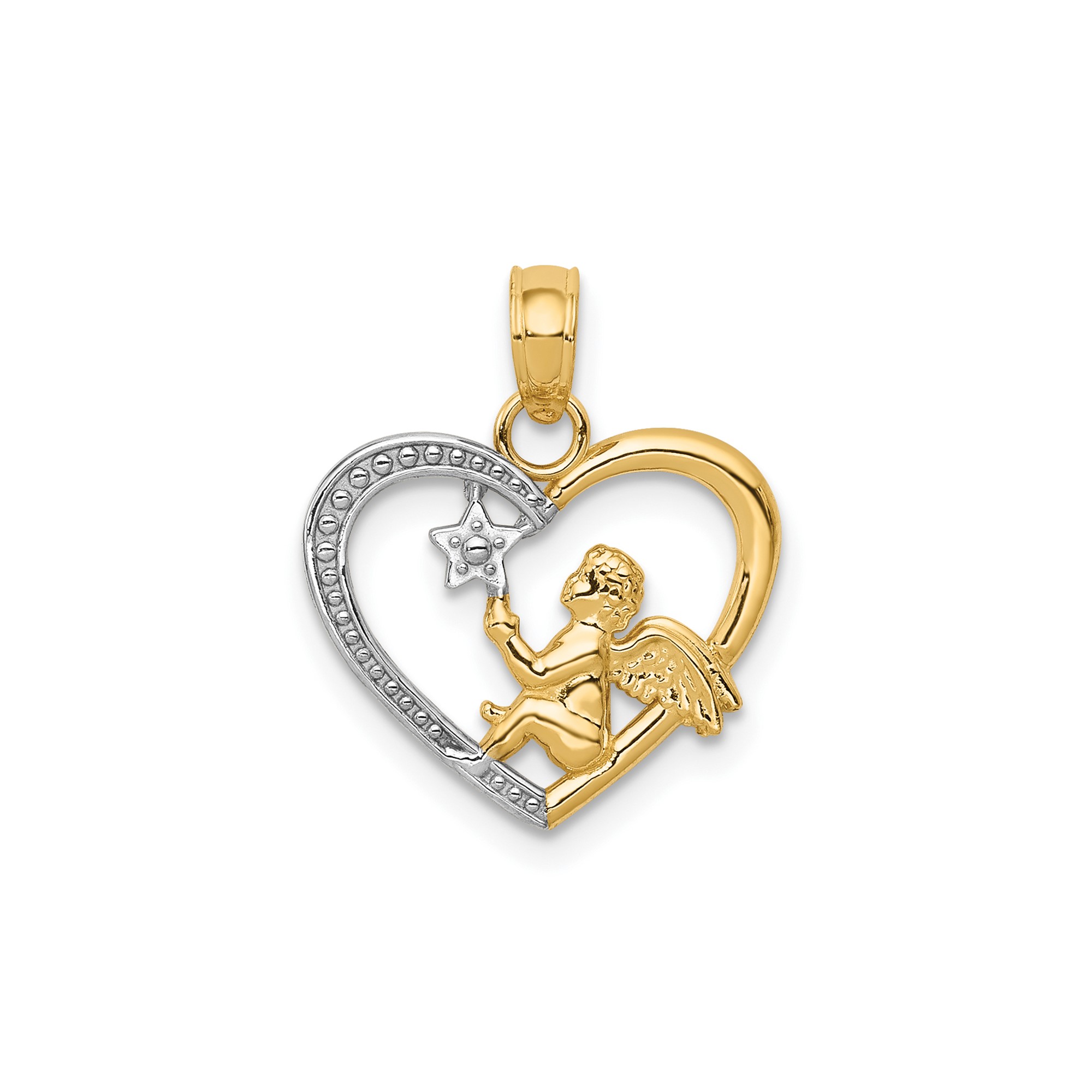 10k Yellow Gold Rhodium Heart Pendant Angel Cherub Star Christian