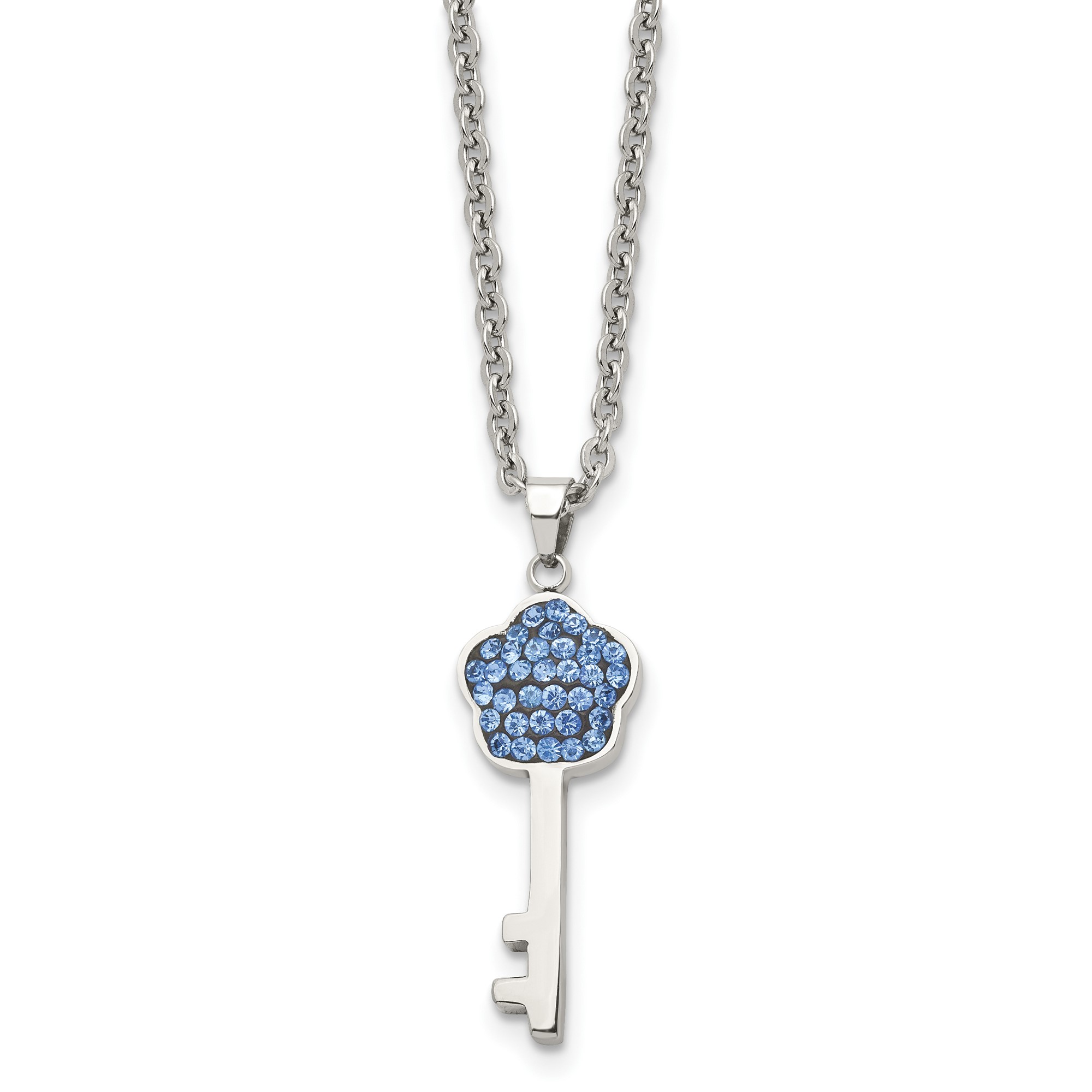 Stainless Steel Polished Blue Crystal Flower Top Key Charm Pendant Necklace