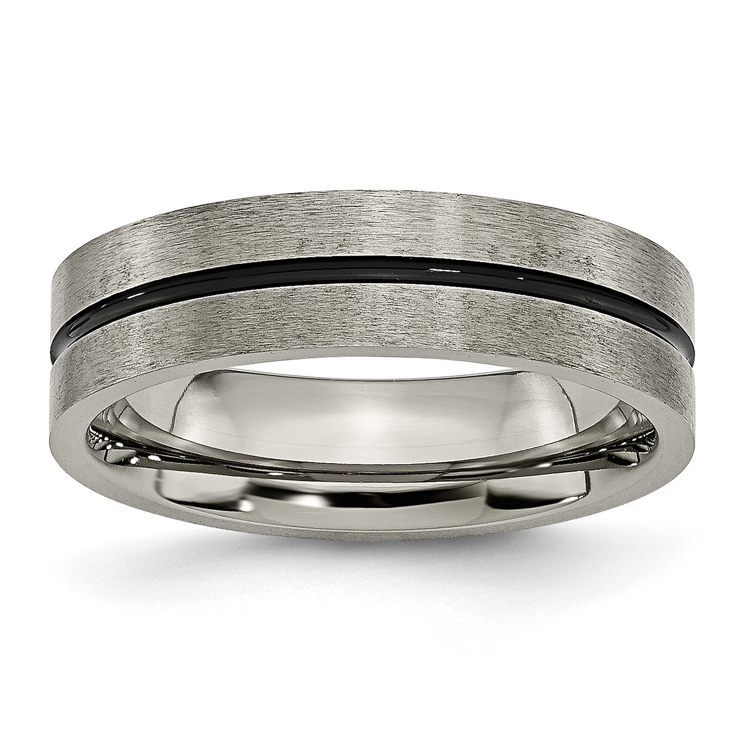 Mens 6mm Brushed Titanium and Black Enamel Wedding Band Ring