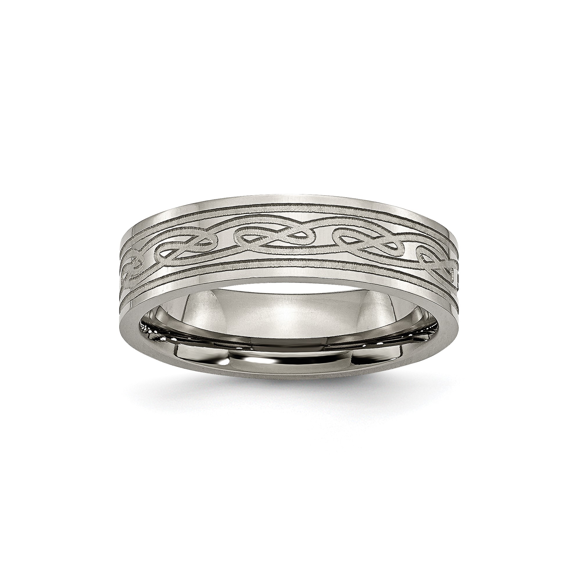 Mens Polished Titanium Laser Etched Celtic Knot Flat Edge Wedding Band Ring