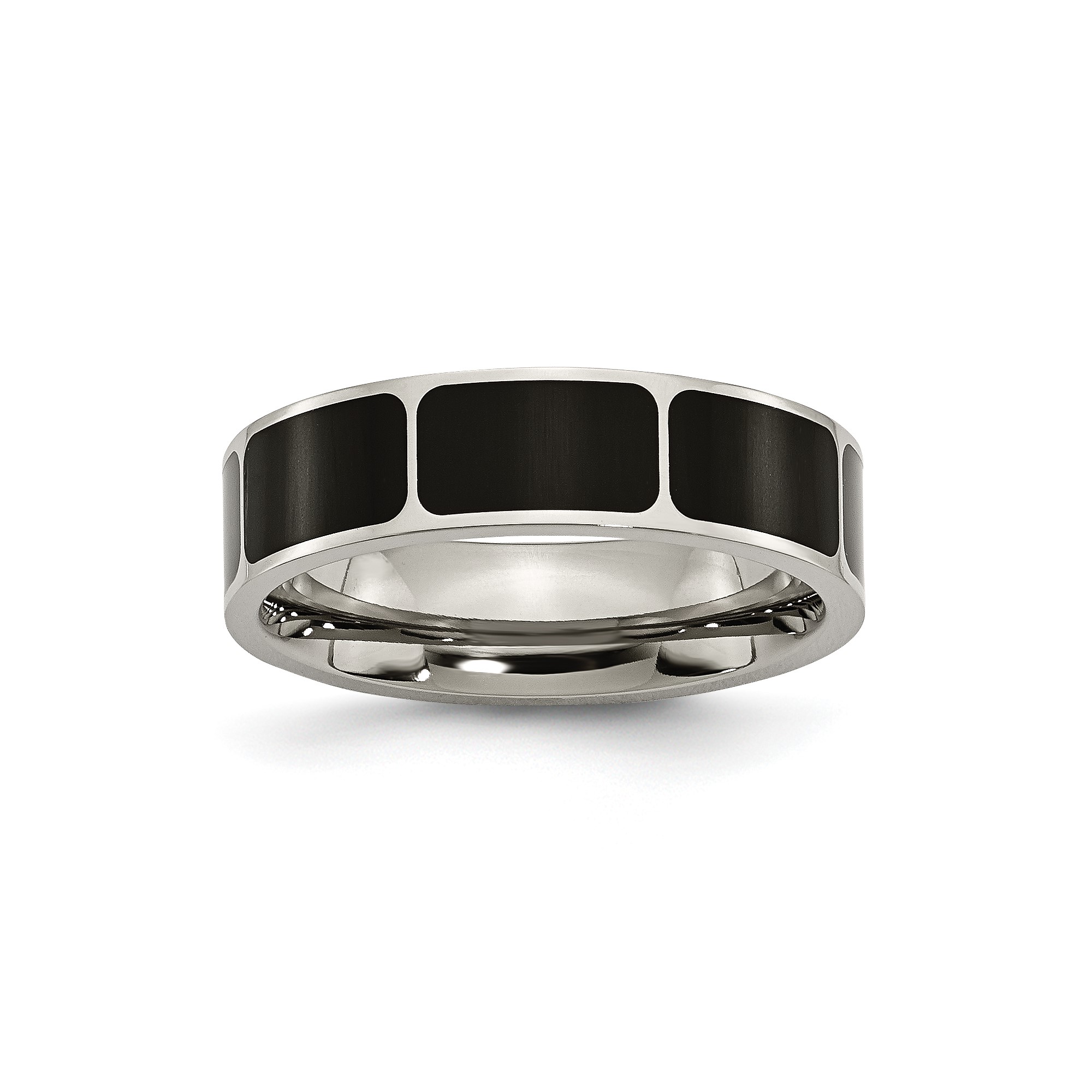 Mens 6mm Polished Titanium and Black Enamel Flat Edge Wedding Band Ring