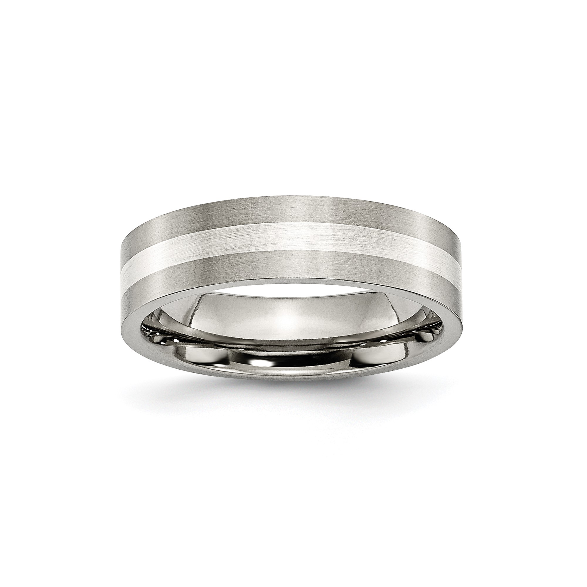 Mens 6mm Brushed Titanium and Sterling Silver Inlay Flat Edge Wedding Band Ring