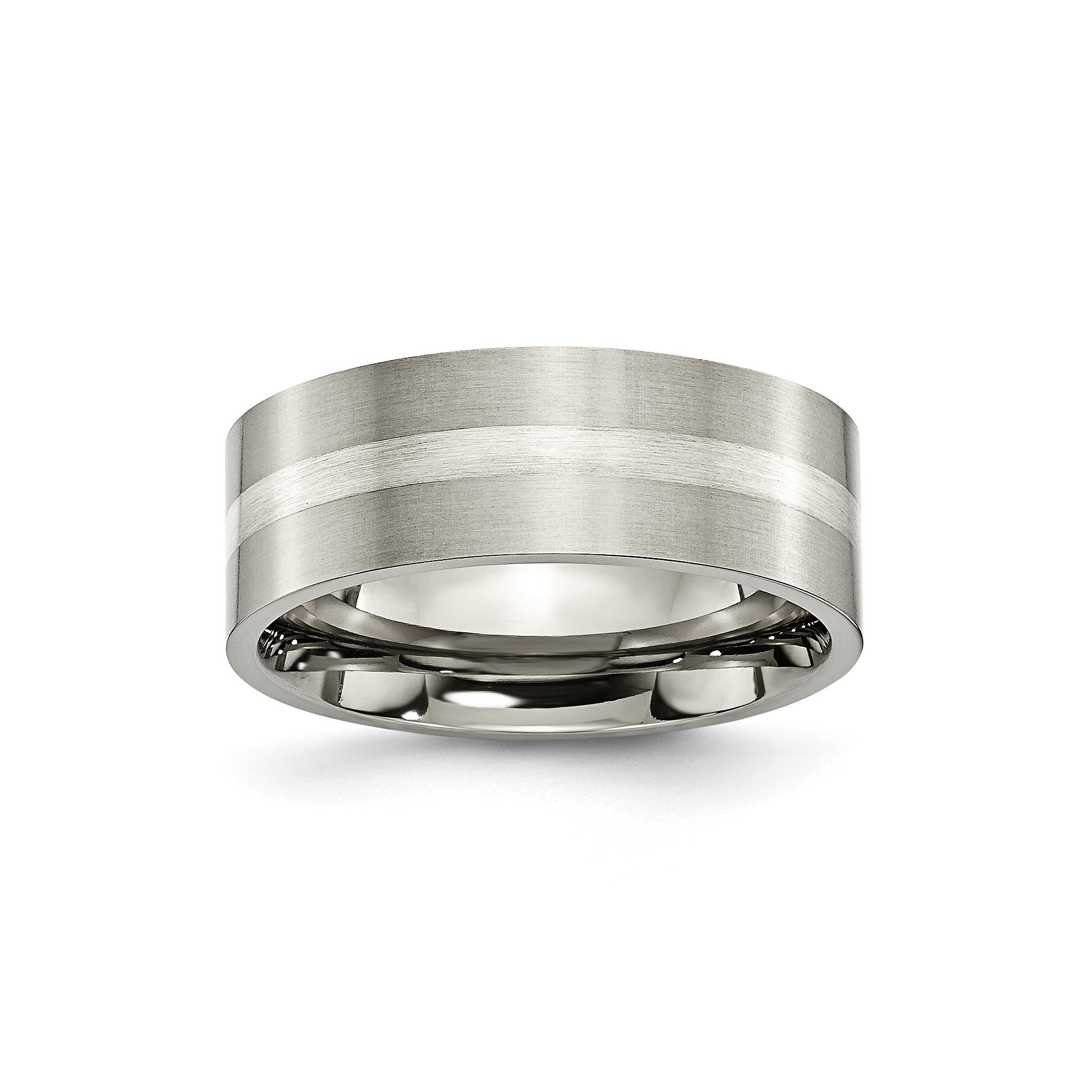 Mens 8mm Brushed Titanium and Sterling Silver Inlay Flat Edge Wedding Band Ring