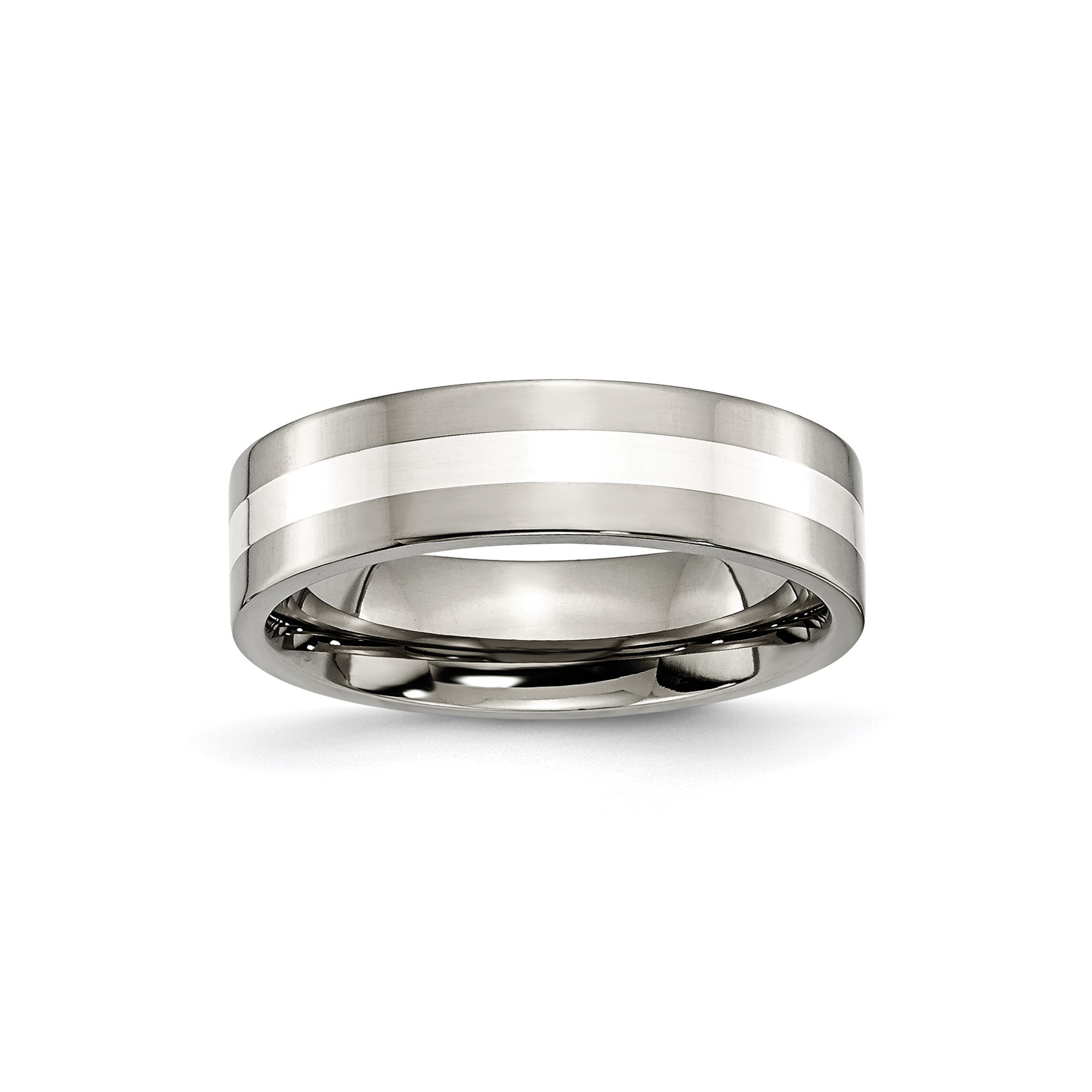 Mens 6mm Polished Titanium Sterling Silver Inlay Flat Edge Wedding Band Ring