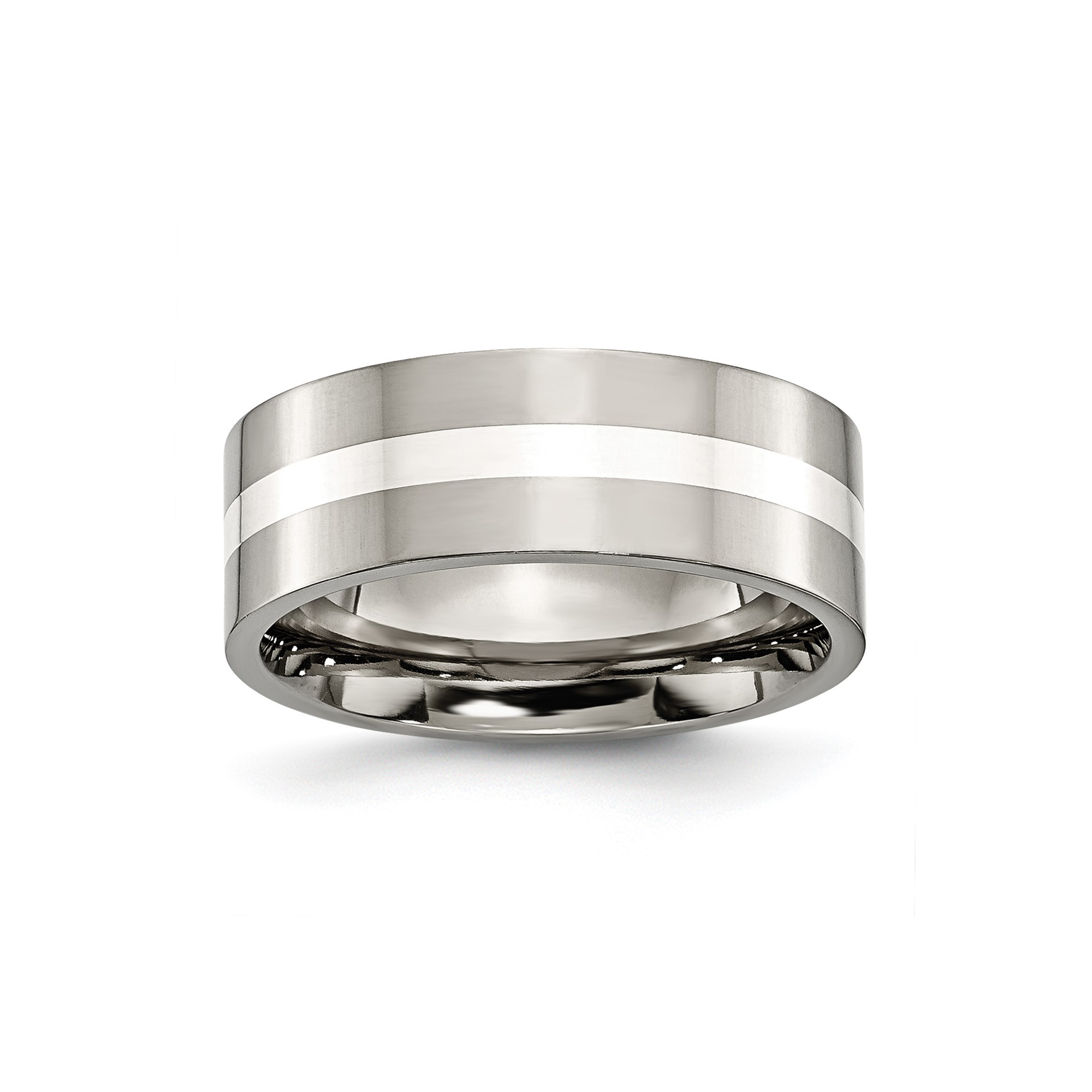 Mens 8mm Polished Titanium Sterling Silver Inlay Flat Edge Wedding Band Ring