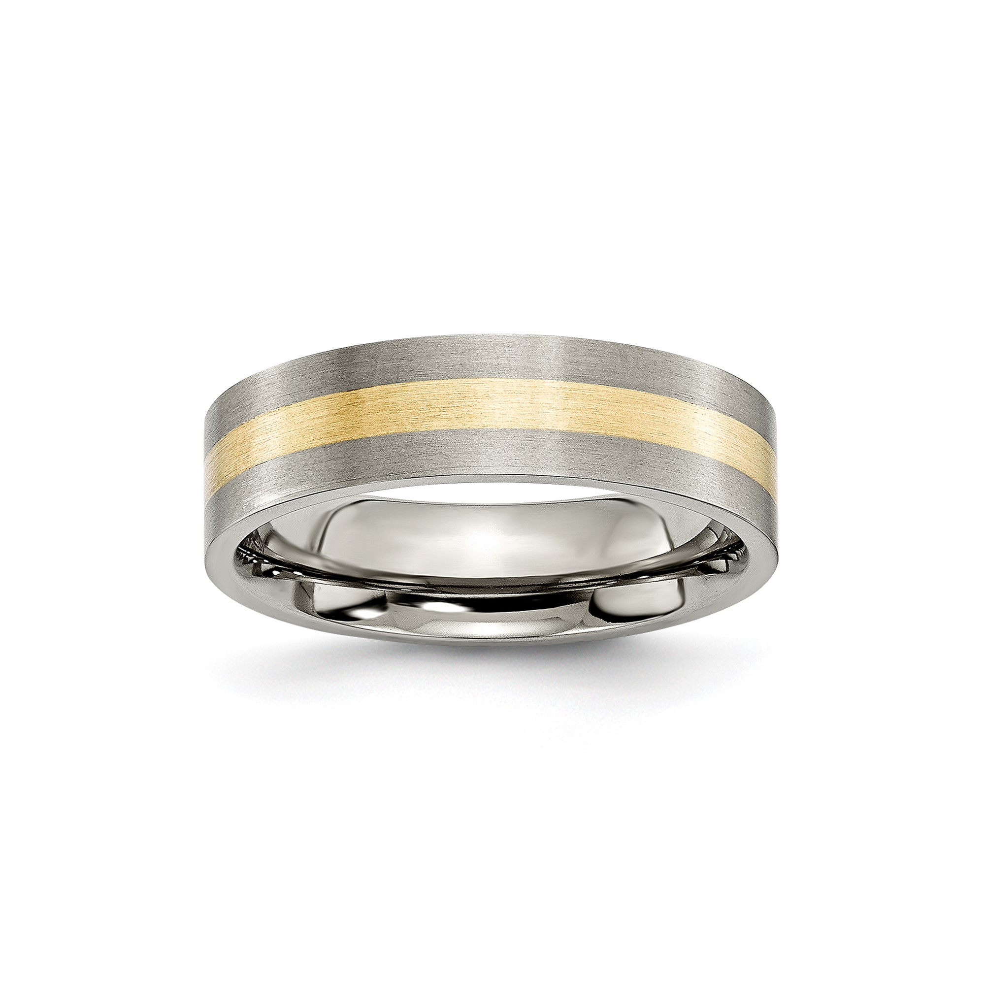 Mens 6mm Brushed Titanium and 14k Yellow Inlay Flat Edge Wedding Band Ring