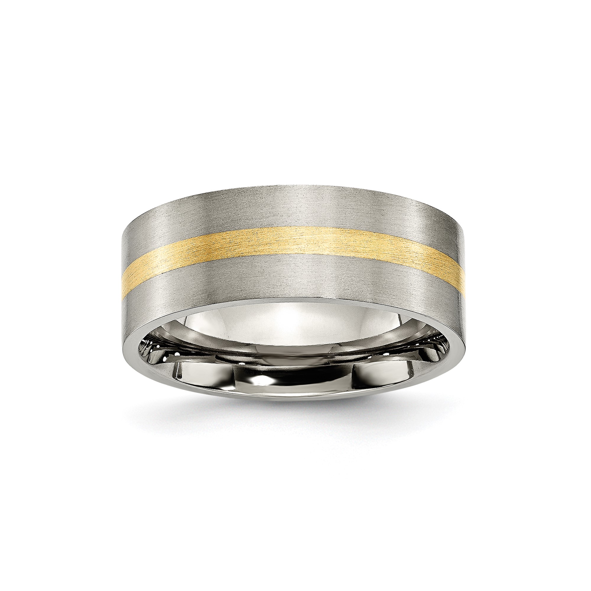 Mens 8mm Brushed Titanium and 14k Yellow Inlay Flat Edge Wedding Band Ring