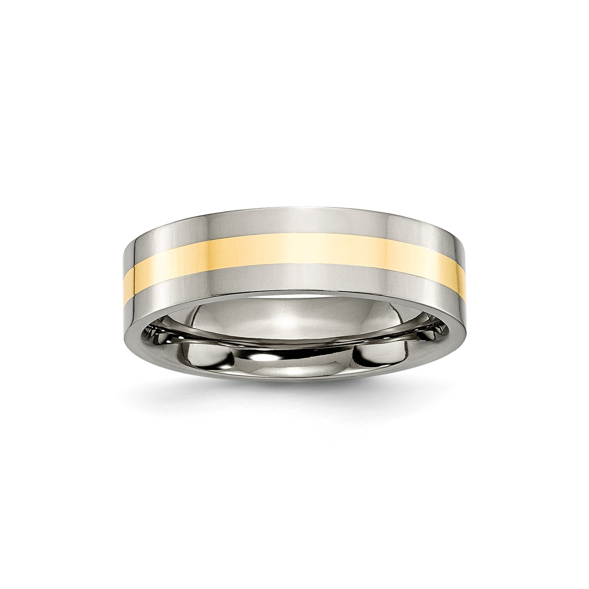 Mens 6mm Polished Titanium and 14k Yellow Inlay Flat Edge Wedding Band Ring