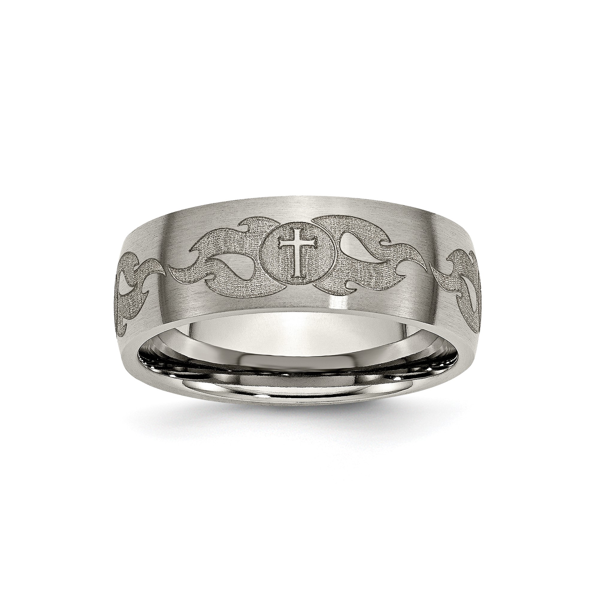 Mens 8mm Brushed Titanium Cross and Flames Laser Design Wedding Band Ring