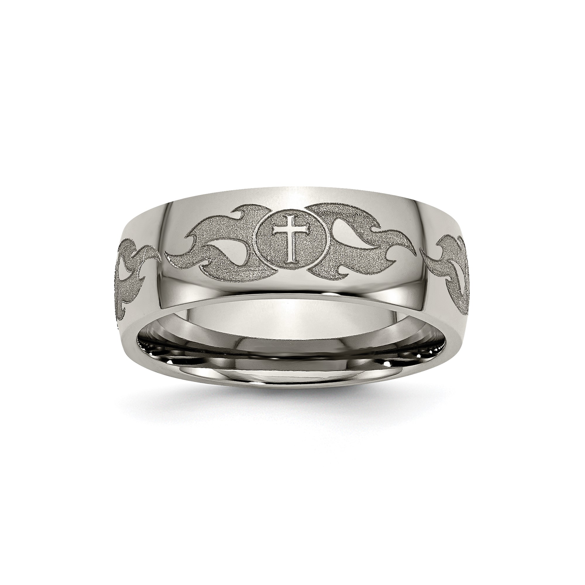 Mens 8mm Polished Titanium Cross and Flames Laser Design Wedding Band Ring