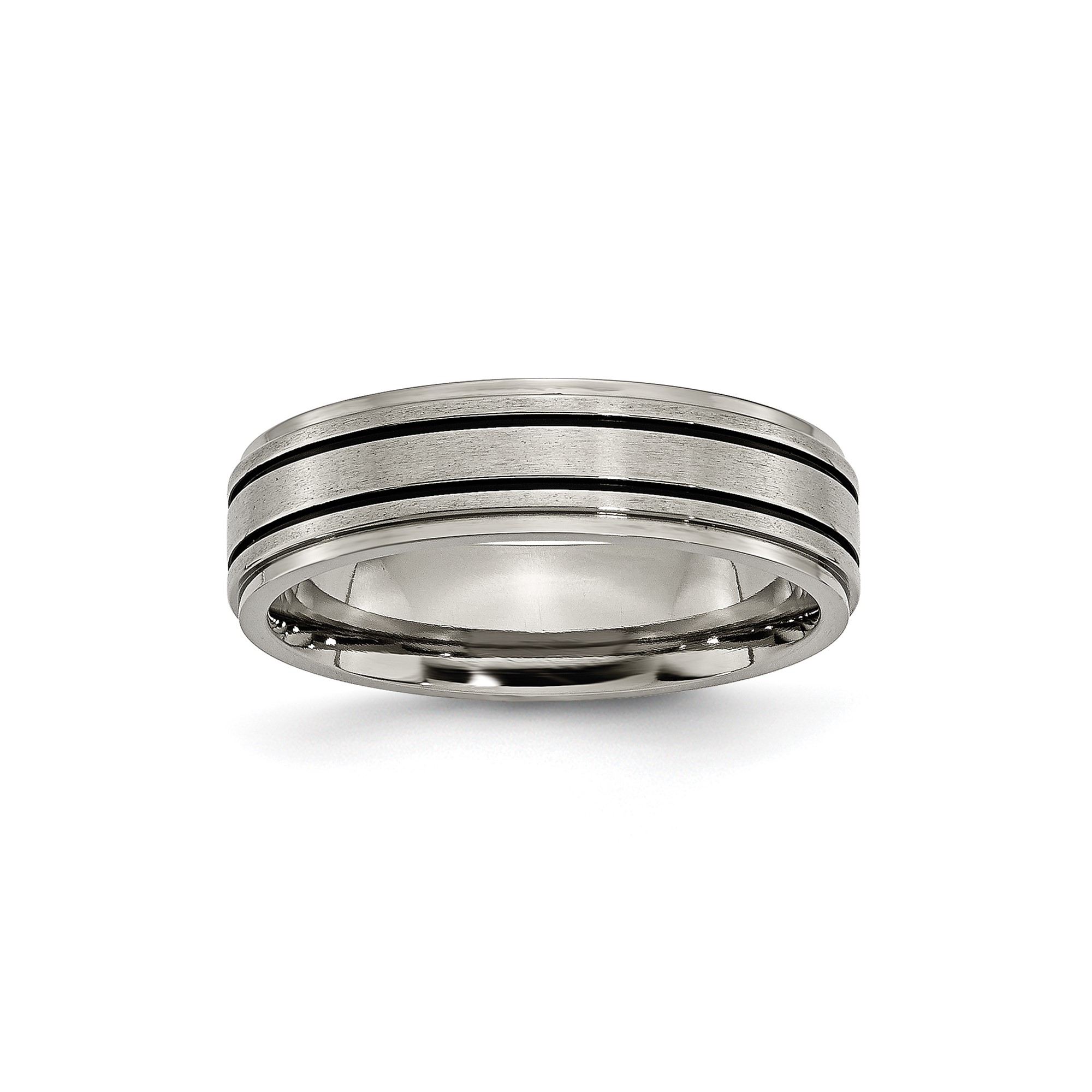 Mens 6mm Titanium Black Enameled Flat Edge Satin and Polished Wedding Band Ring
