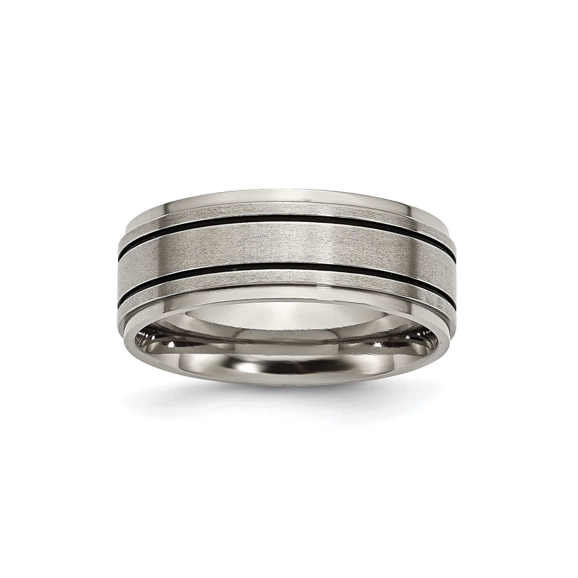 Mens 8mm Titanium Black Enameled Flat Edge Satin and Polished Wedding Band Ring