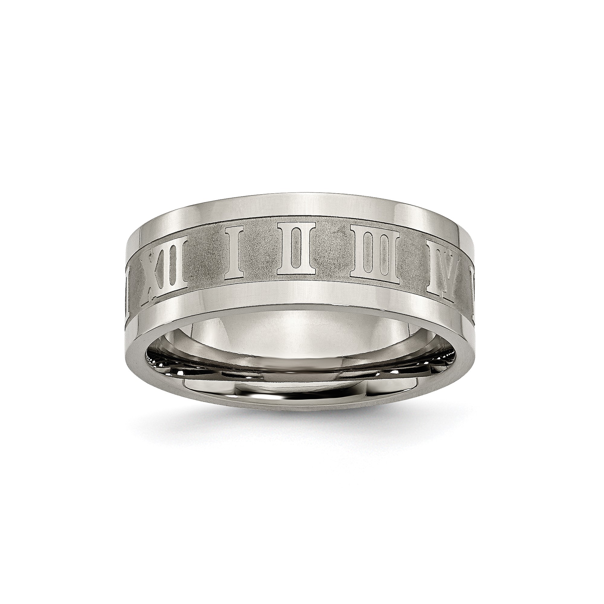 Mens 8mm Satin Titanium Roman Numerals Polished Flat Edge Wedding Band Ring