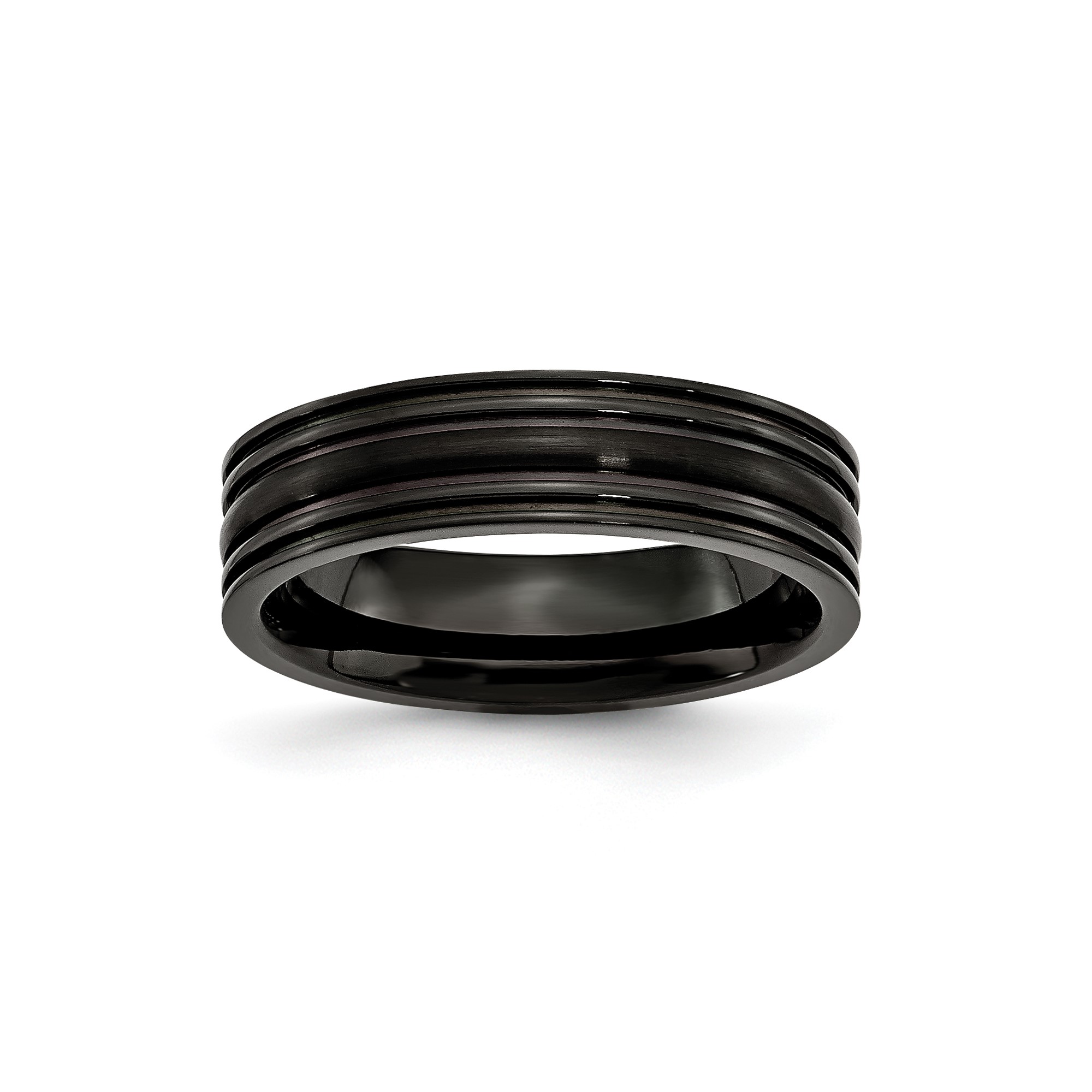 Mens Titanium Grooved Black IP-plated 6mm Brushed and Polished Wedding Band Ring