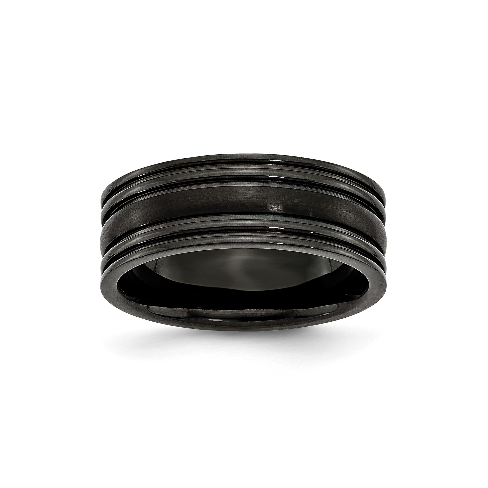 Mens Titanium Grooved Black IP-plated 8mm Brushed and Polished Wedding Band Ring